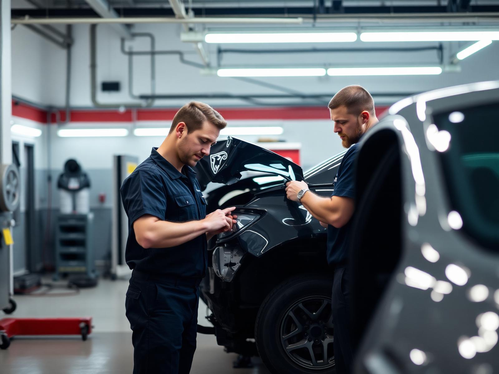 Technicians inspecting a vehicle at an independent auto body shop